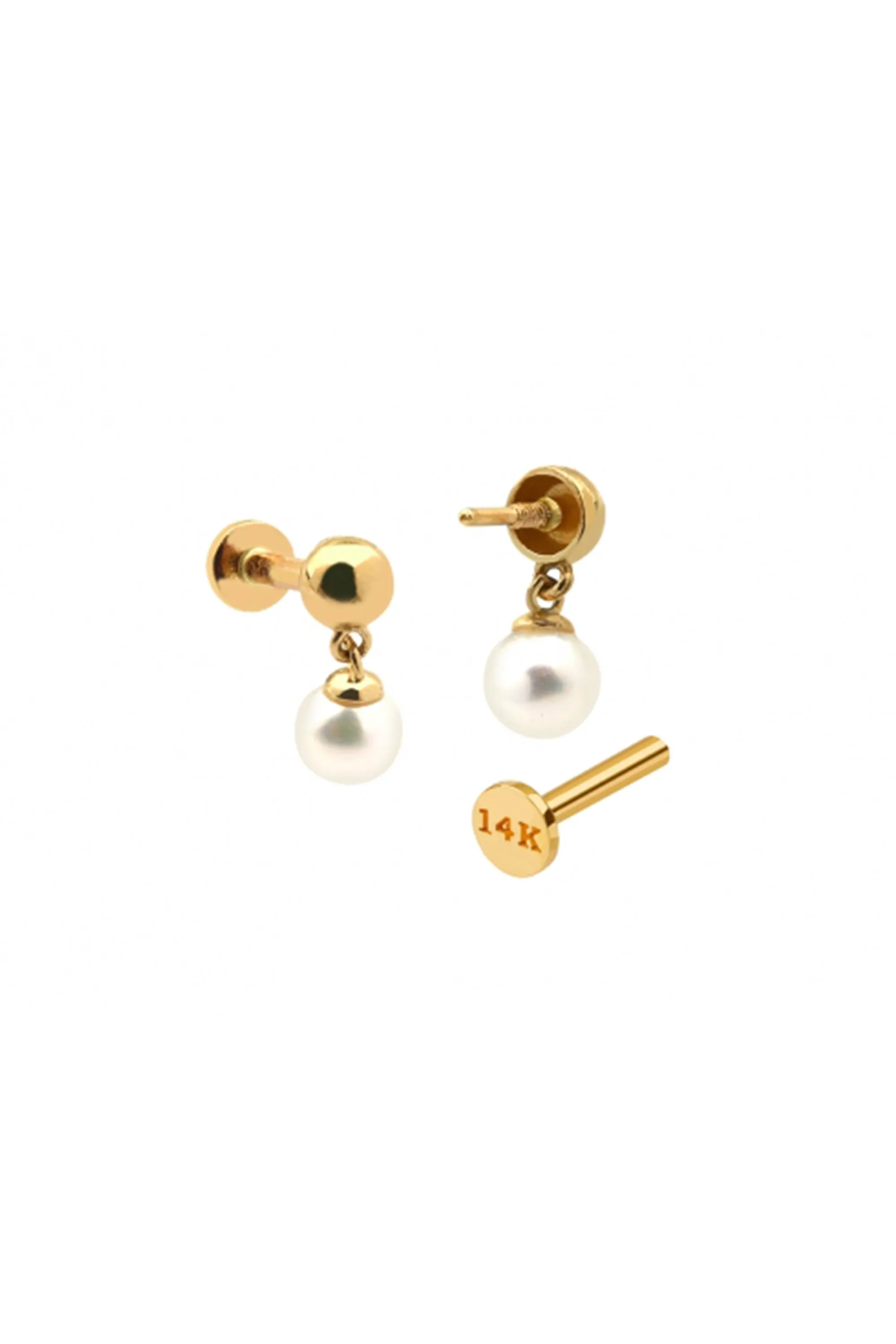 14k Gold Minimalist Fresh Water Pearl Dangle Ball Cartilage Tragus Helix Lobe Internally Threaded Flat Back Earring Labret