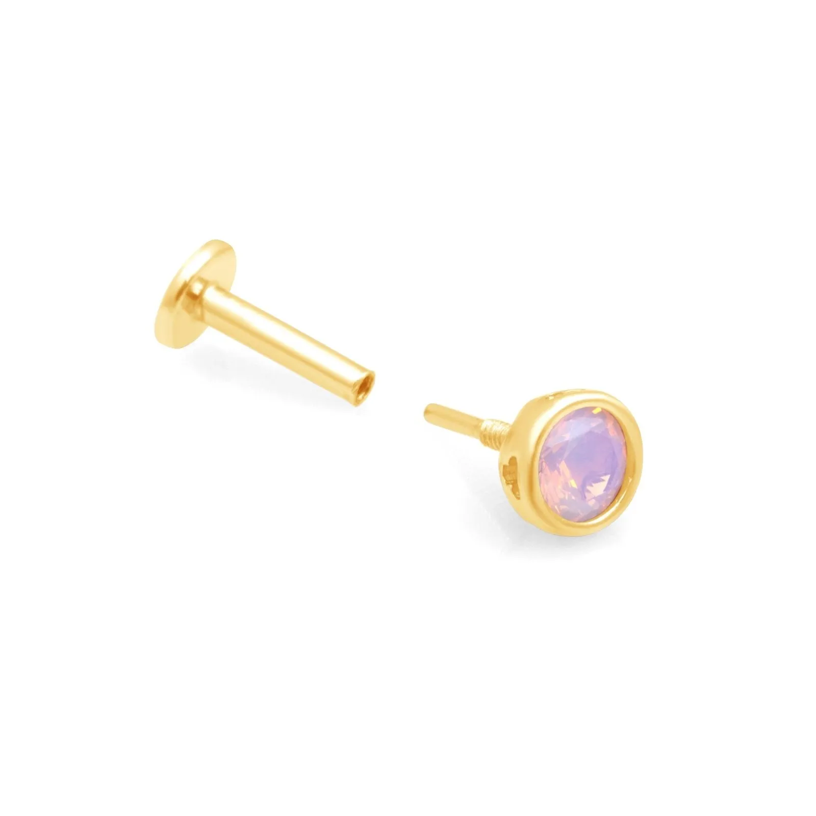 14K Gold Pink Opal Bezel Tragus Cartilage Helix Internally threaded Flat Back Labret Earring Stud