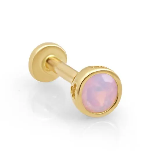 14K Gold Pink Opal Bezel Tragus Cartilage Helix Internally threaded Flat Back Labret Earring Stud