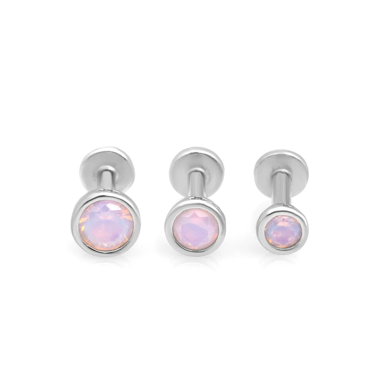 14K Gold Pink Opal Bezel Tragus Cartilage Helix Internally threaded Flat Back Labret Earring Stud