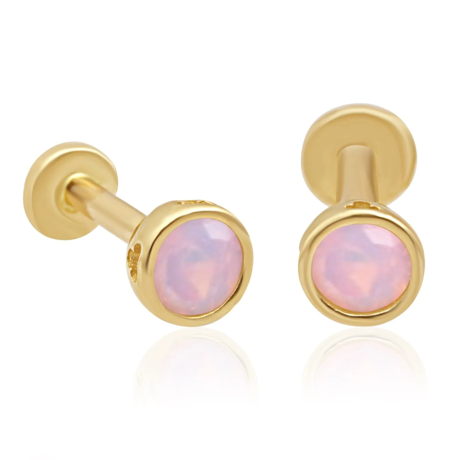 14K Gold Pink Opal Bezel Tragus Cartilage Helix Internally threaded Flat Back Labret Earring Stud