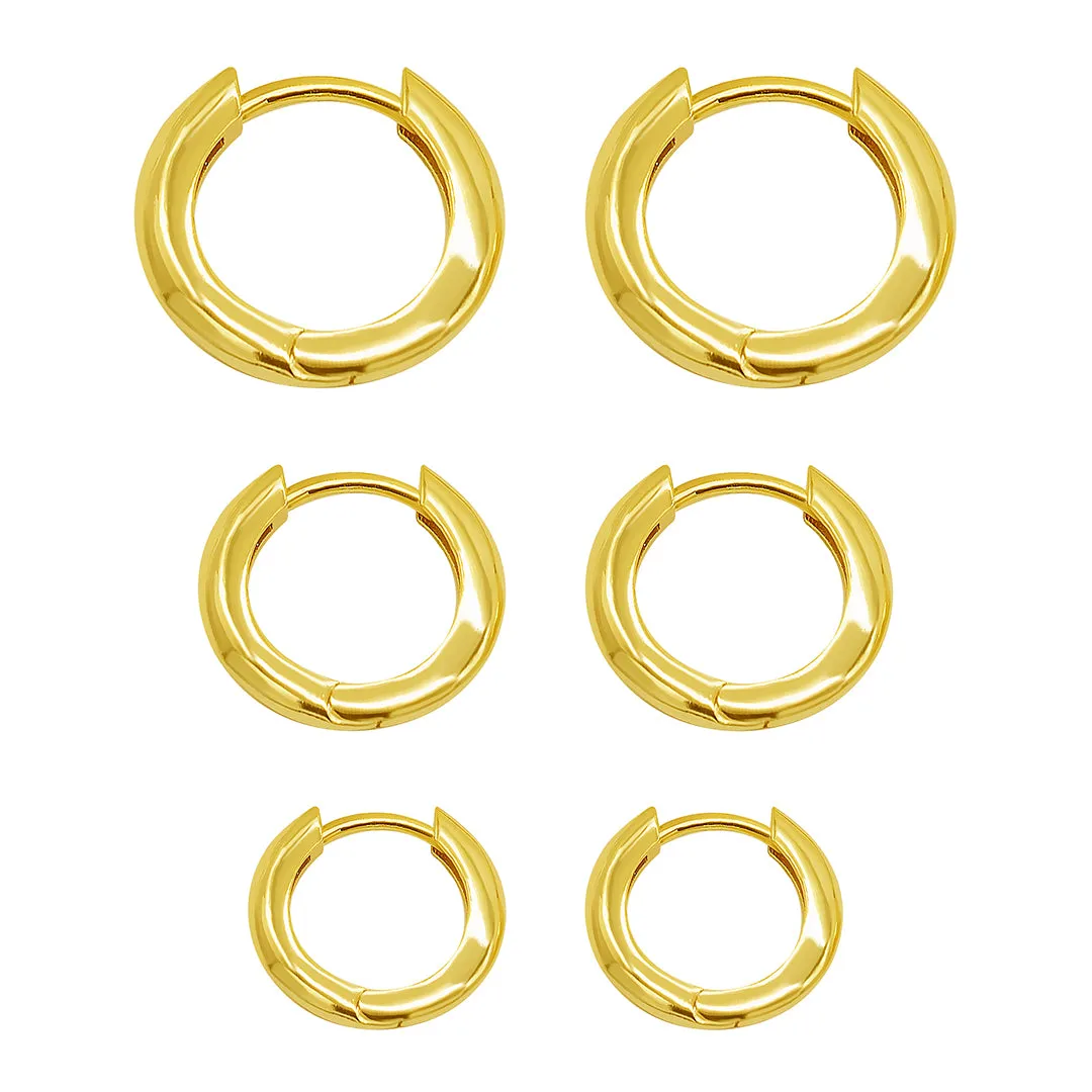 14K Gold Plated 3-Huggie Hoop Earrings Set