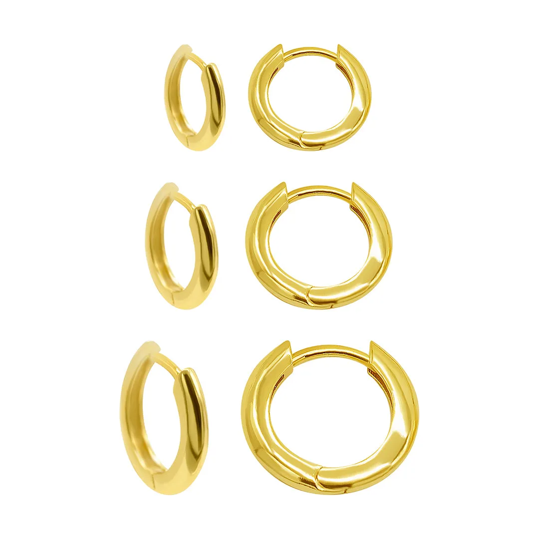 14K Gold Plated 3-Huggie Hoop Earrings Set