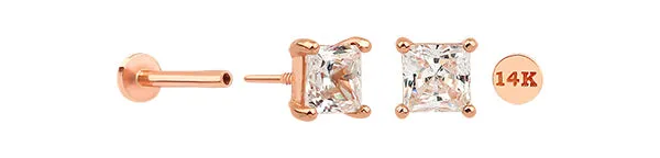 14K Gold Princess Cut Cz Helix Tragus Internally Threaded Flat Back Earring Labret Stud