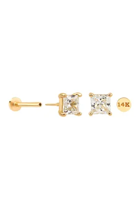 14K Gold Princess Cut Cz Helix Tragus Internally Threaded Flat Back Earring Labret Stud