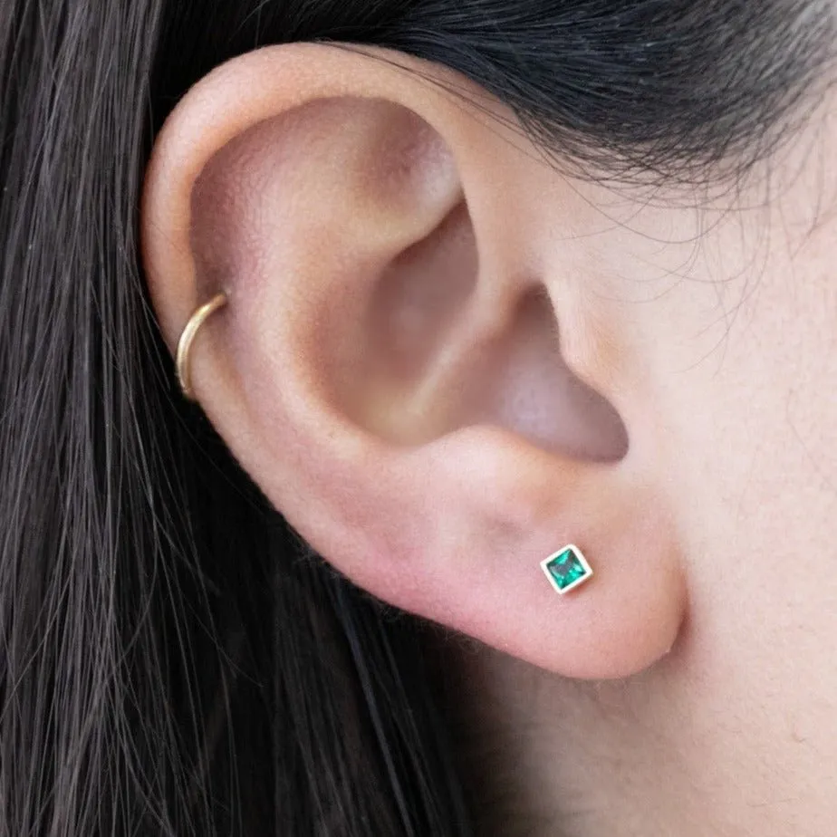 14K Gold Princess Cut Emerald Tragus Helix Internally Threaded Flat Back Earring Labret Stud