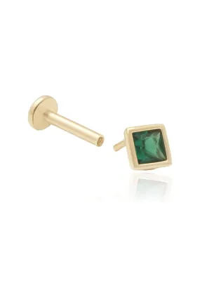 14K Gold Princess Cut Emerald Tragus Helix Internally Threaded Flat Back Earring Labret Stud