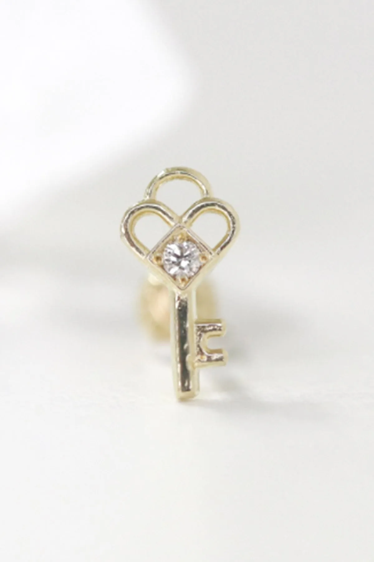 14K Solid Gold CZ, Moissanite, Lab or Genuine Diamond Royal Key Internally Threaded Flat Back Earring Labret