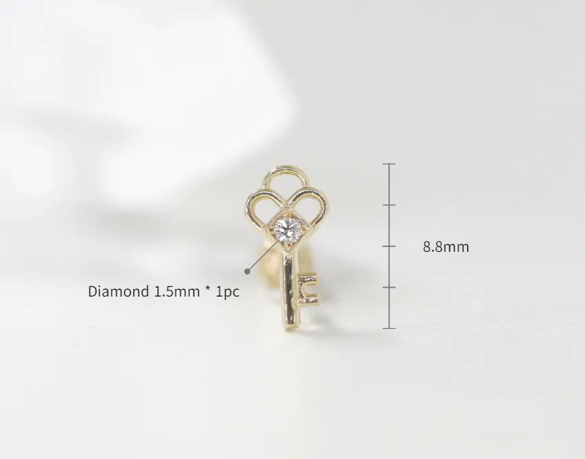 14K Solid Gold CZ, Moissanite, Lab or Genuine Diamond Royal Key Internally Threaded Flat Back Earring Labret