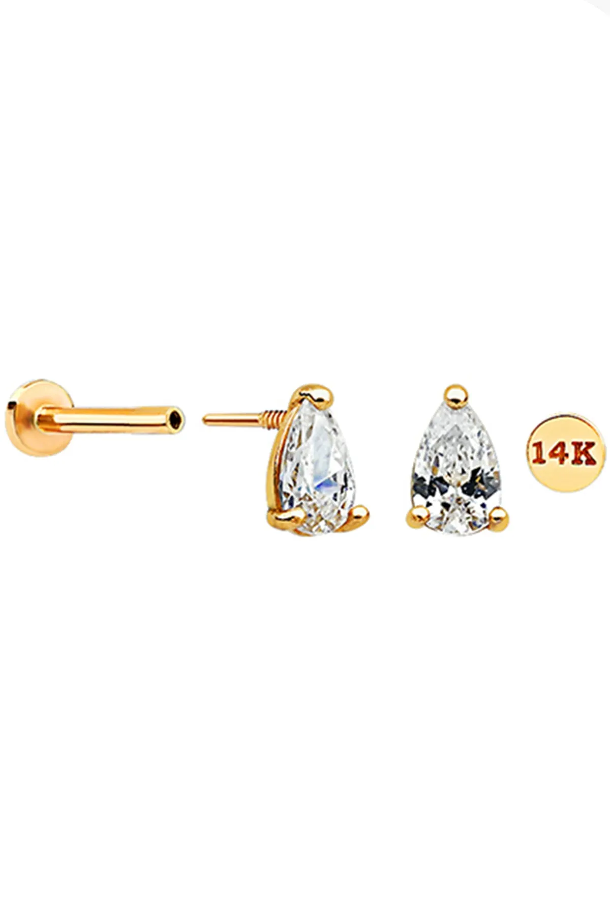 14k Solid Gold Cz Teardrop Helix Cartilage Internally Threaded Flat Back Earring Labret Stud