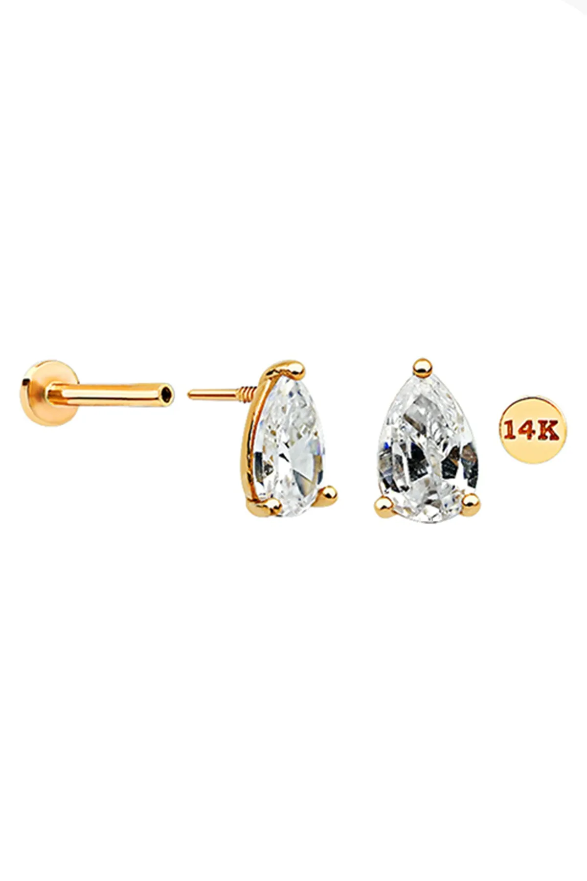 14k Solid Gold Cz Teardrop Helix Cartilage Internally Threaded Flat Back Earring Labret Stud