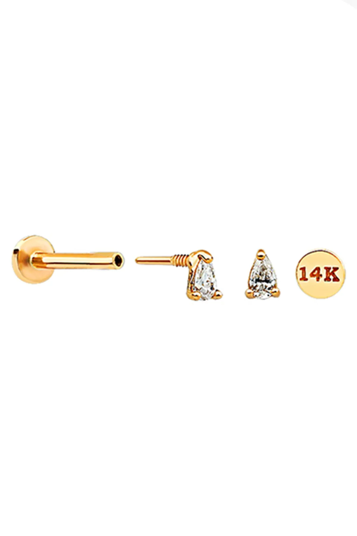 14k Solid Gold Cz Teardrop Helix Cartilage Internally Threaded Flat Back Earring Labret Stud