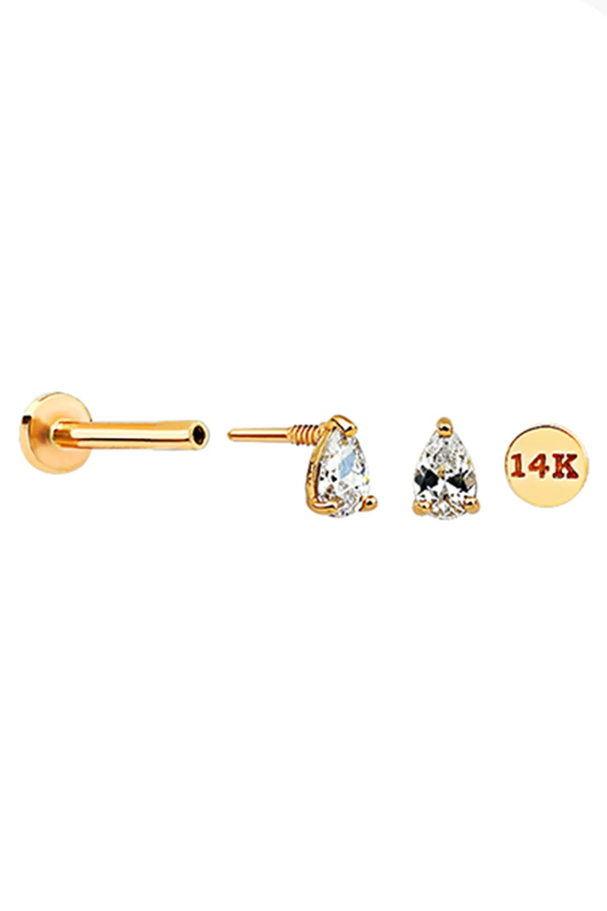 14k Solid Gold Cz Teardrop Helix Cartilage Internally Threaded Flat Back Earring Labret Stud