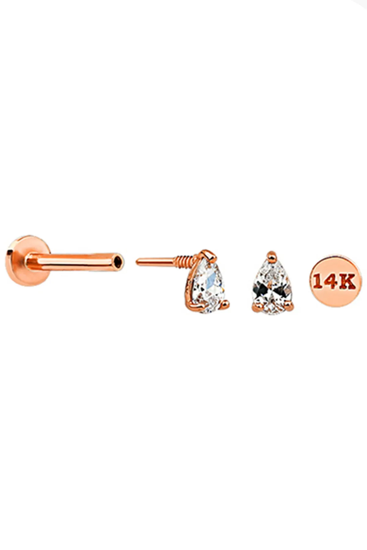 14k Solid Gold Cz Teardrop Helix Cartilage Internally Threaded Flat Back Earring Labret Stud