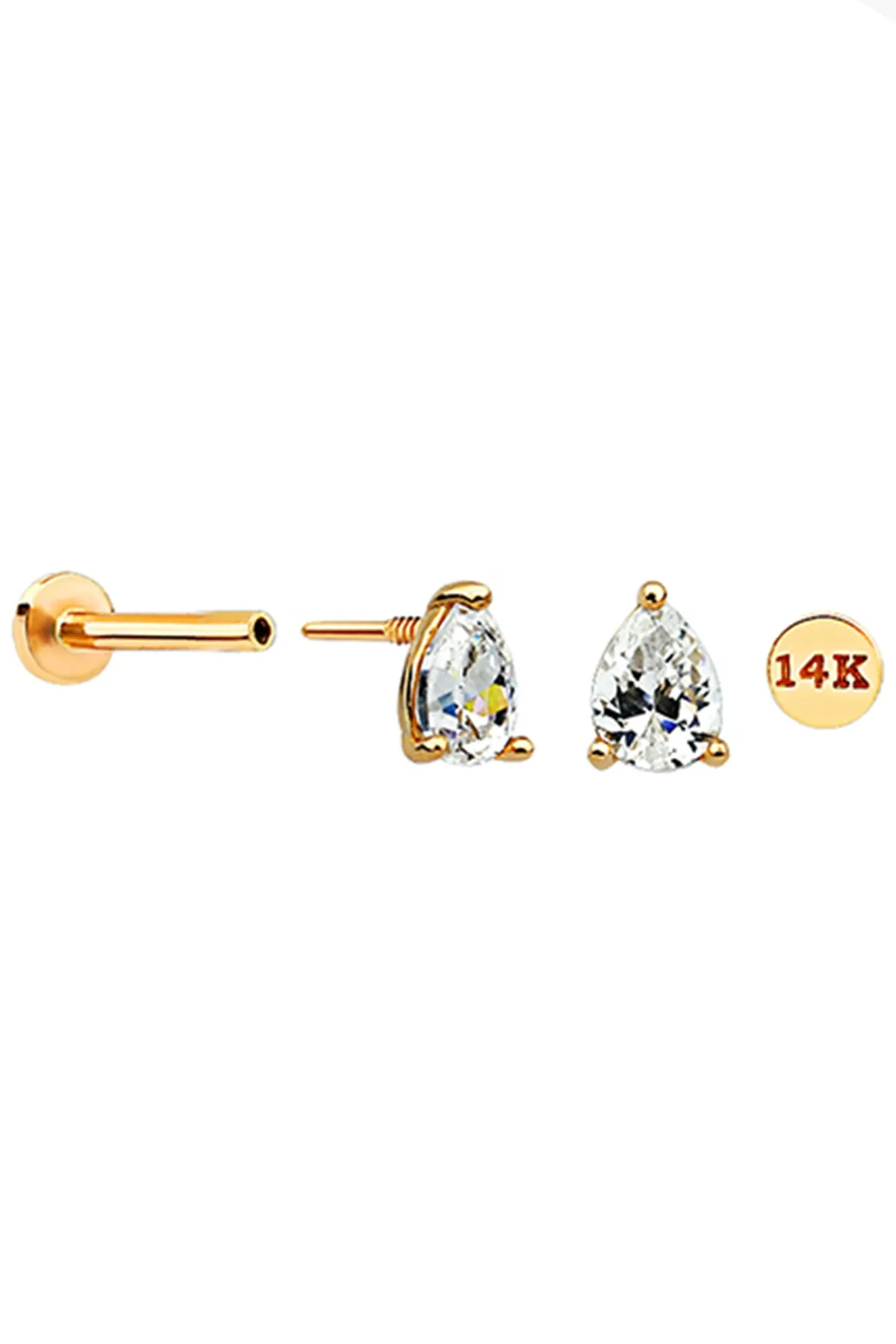 14k Solid Gold Cz Teardrop Helix Cartilage Internally Threaded Flat Back Earring Labret Stud