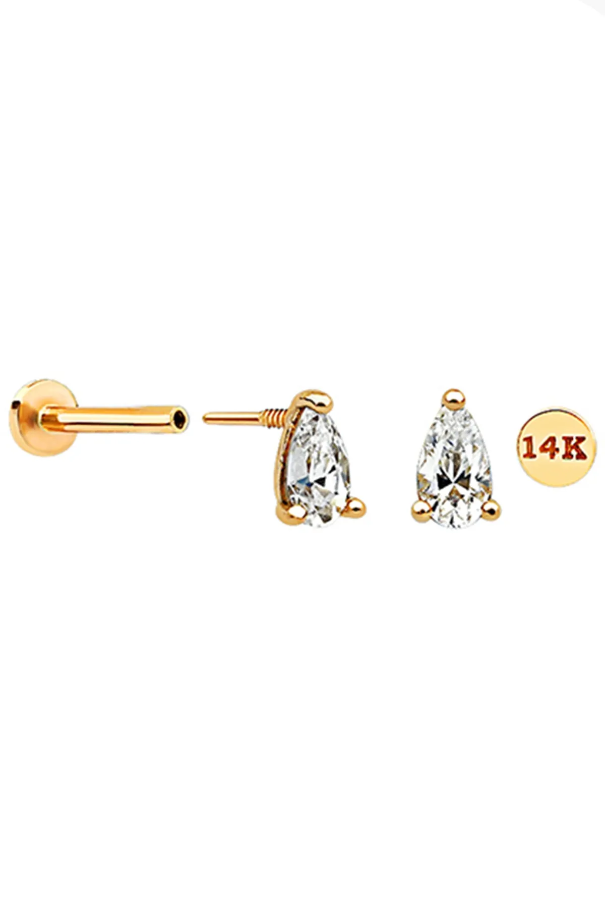 14k Solid Gold Cz Teardrop Helix Cartilage Internally Threaded Flat Back Earring Labret Stud