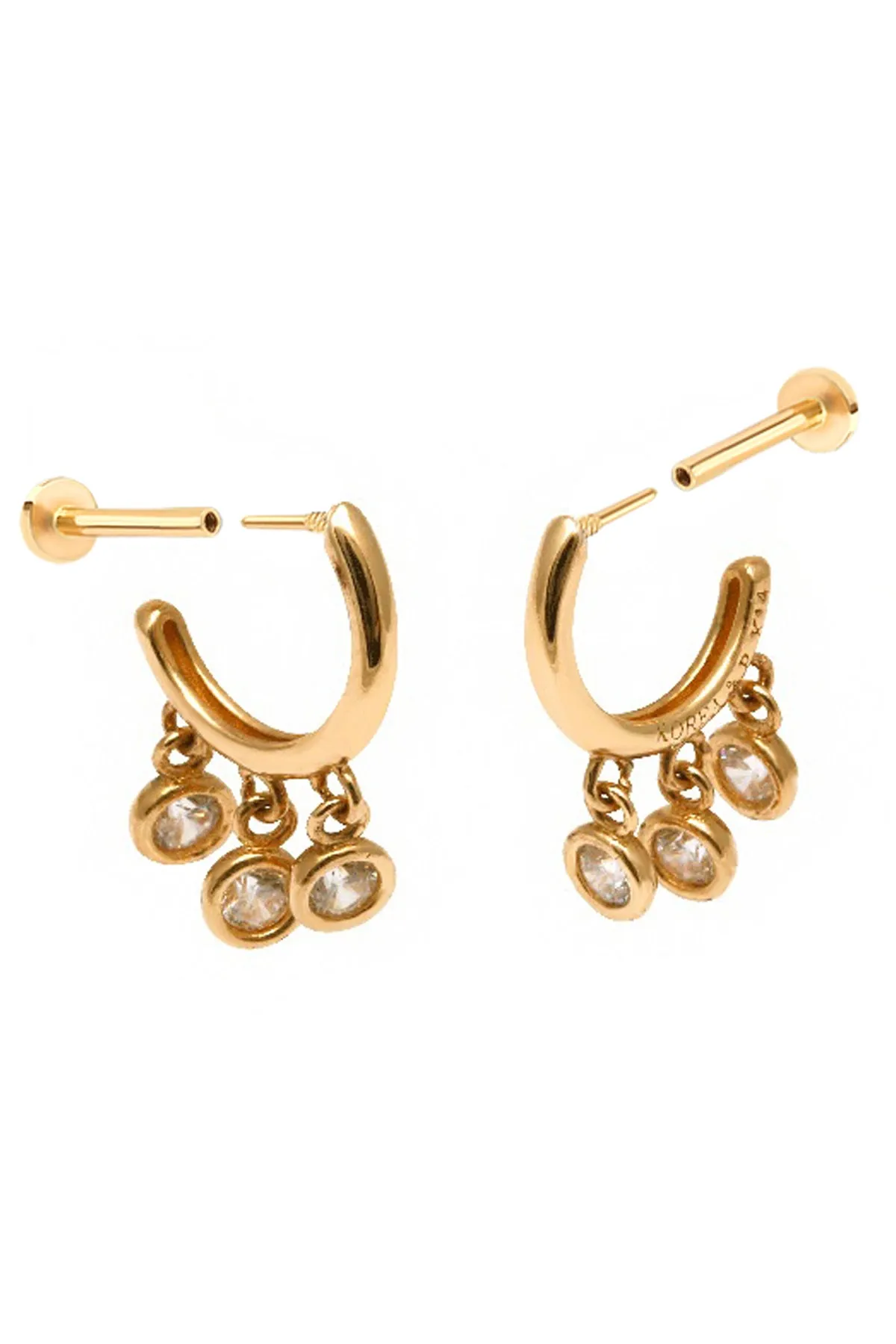 14k Solid Gold Dangle Bezel Cz Internally Threaded Labret Stud Flat Back Earring Piercing