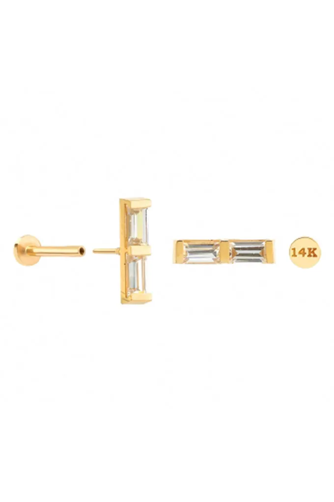 14k Solid Gold Double Cz Baguette Helix Lobe Cartilage Internally Internal Threaded Flat Back Labret