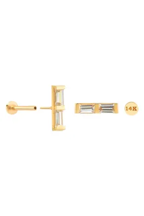 14k Solid Gold Double Cz Baguette Helix Lobe Cartilage Internally Internal Threaded Flat Back Labret