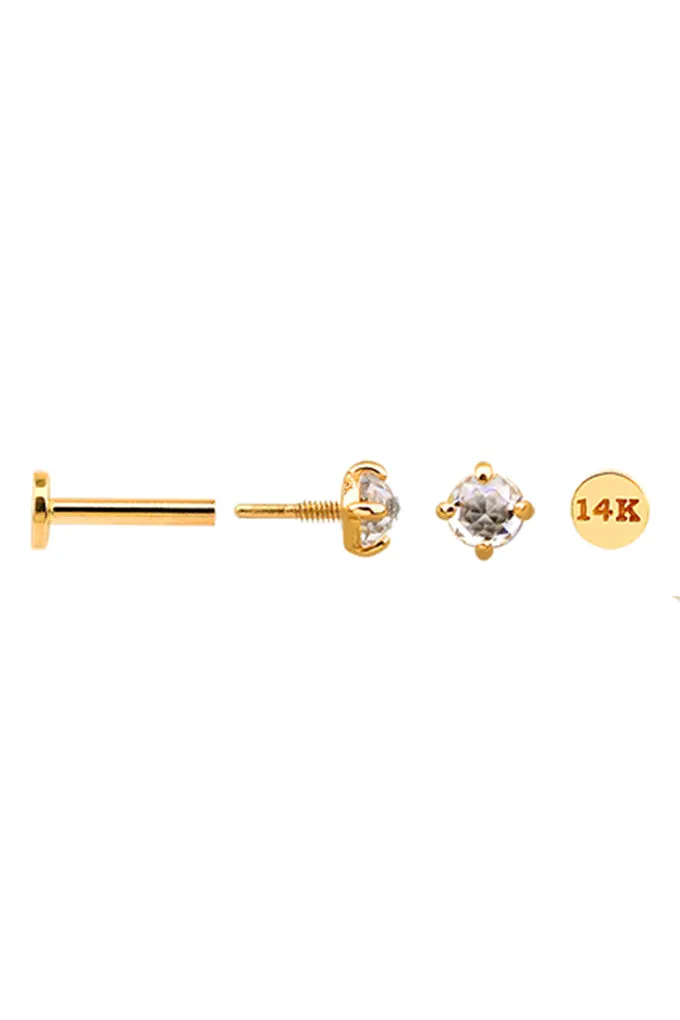 14k Solid Gold Flat 4 Prongs Tragus Cartilage Helix Internally Threaded Labret Earring Piercing Stud