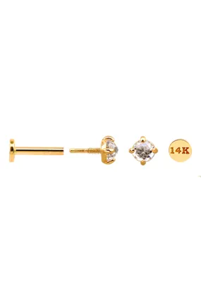 14k Solid Gold Flat 4 Prongs Tragus Cartilage Helix Internally Threaded Labret Earring Piercing Stud