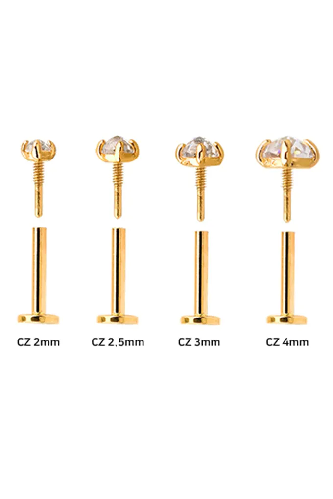 14k Solid Gold Flat 4 Prongs Tragus Cartilage Helix Internally Threaded Labret Earring Piercing Stud