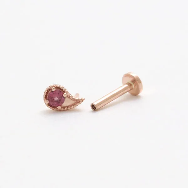 14K Solid Gold Garnet will o' the wisp Paisley Helix Cartilage Tragus Inner Conch Internally Threaded Flat Back Earring Labret