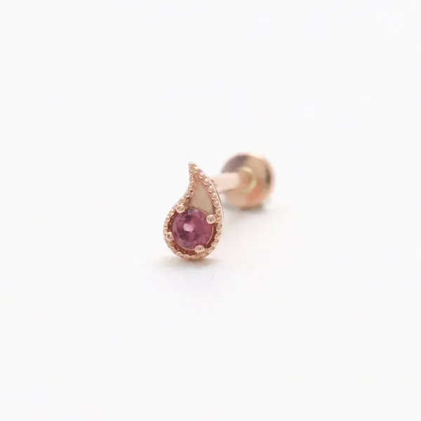 14K Solid Gold Garnet will o' the wisp Paisley Helix Cartilage Tragus Inner Conch Internally Threaded Flat Back Earring Labret