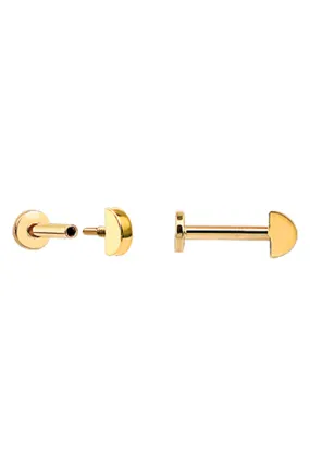 14k Solid Gold Half Round Tragus Helix Cartilage Internally Threaded Flat Back Earring Labret Stud