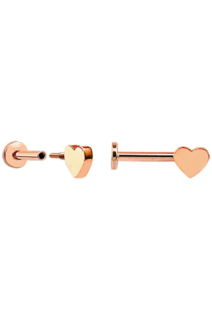 14k Solid Gold Heart Tragus Helix Cartilage Internally Threaded Flat Back Earring Labret Stud