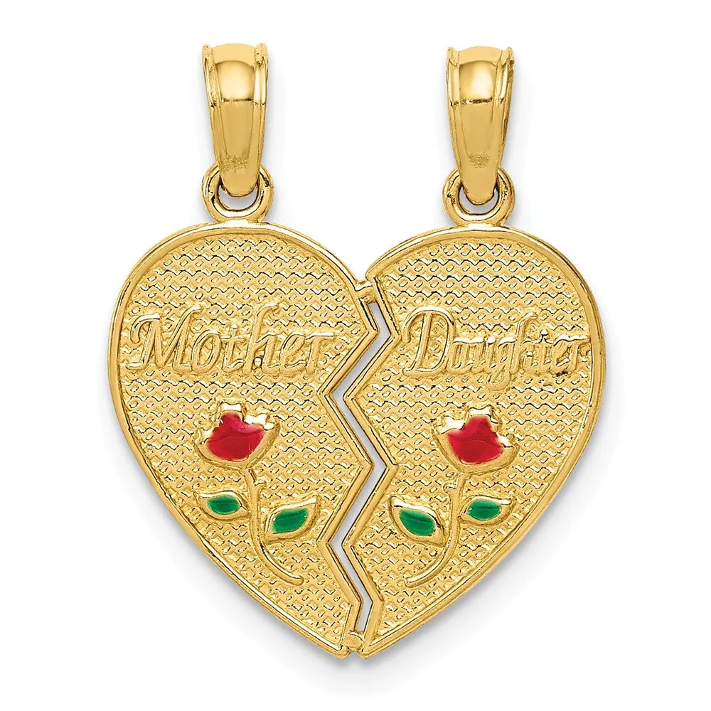 14k Yellow Gold & Enamel Mother, Daughter Set of 2 Heart Pendant, 17mm