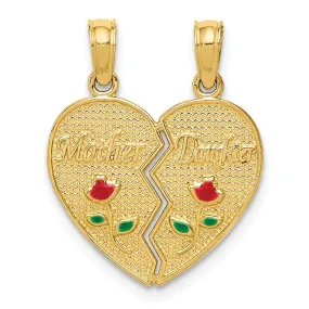 14k Yellow Gold & Enamel Mother, Daughter Set of 2 Heart Pendant, 17mm