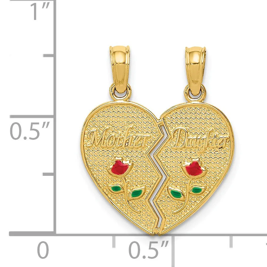 14k Yellow Gold & Enamel Mother, Daughter Set of 2 Heart Pendant, 17mm