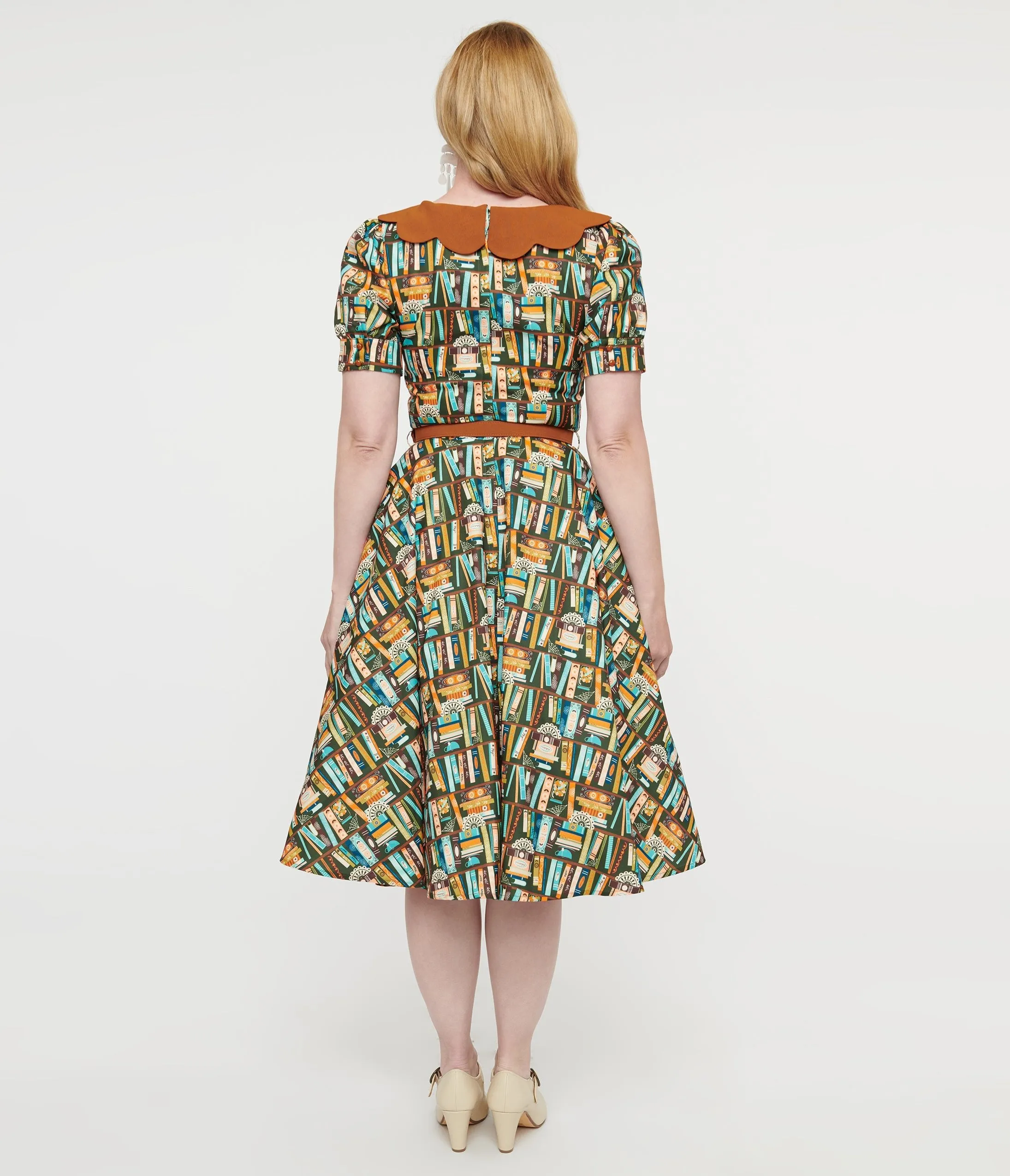 1950s Brown Book Print Brenda Swing Dress by Collectif