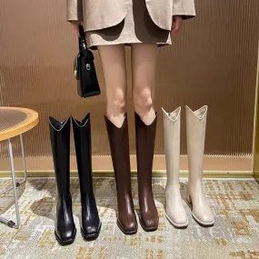 2024 New Elastic Square Toe Thick Heel V-mouth Boots Women's Back Zipper Slimming But Knee High Knight Boots