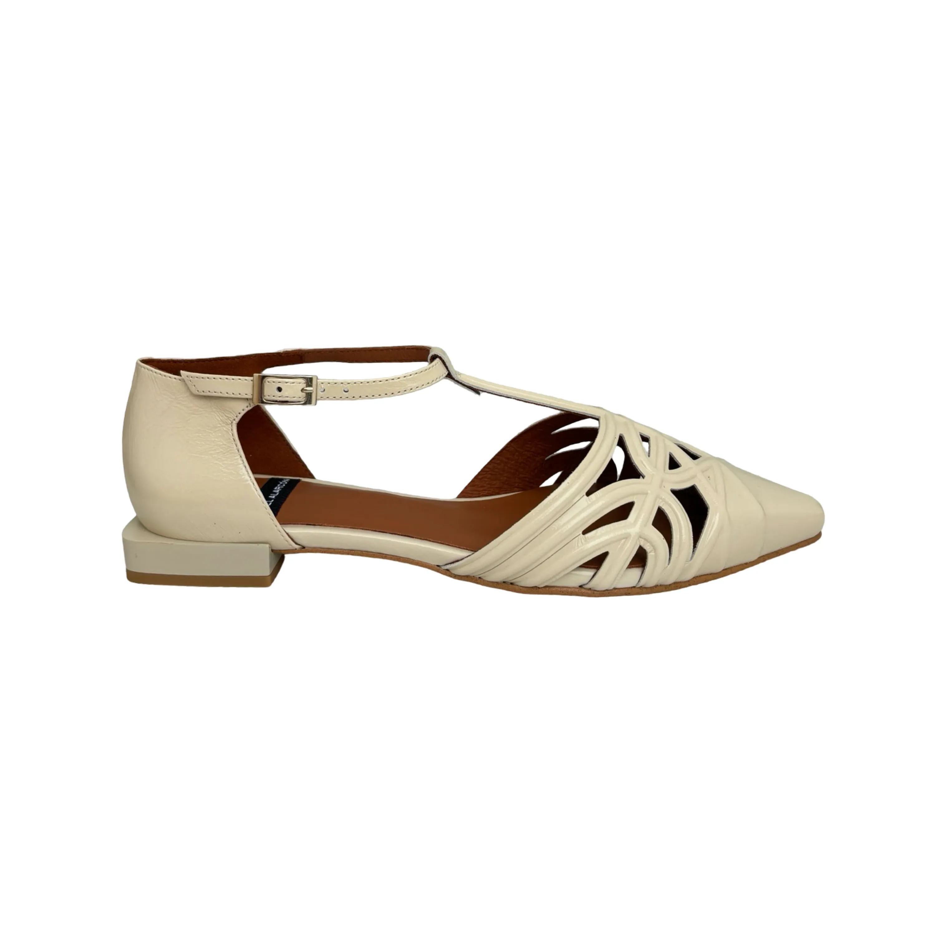 24001 Cream T-Strap Flat