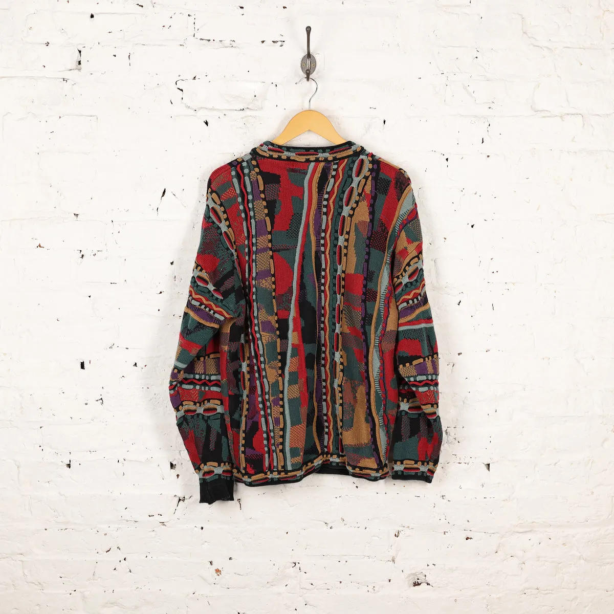 90s Texture Knit Pattern Knit Jumper - Red/Green - L