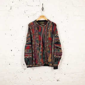 90s Texture Knit Pattern Knit Jumper - Red/Green - L