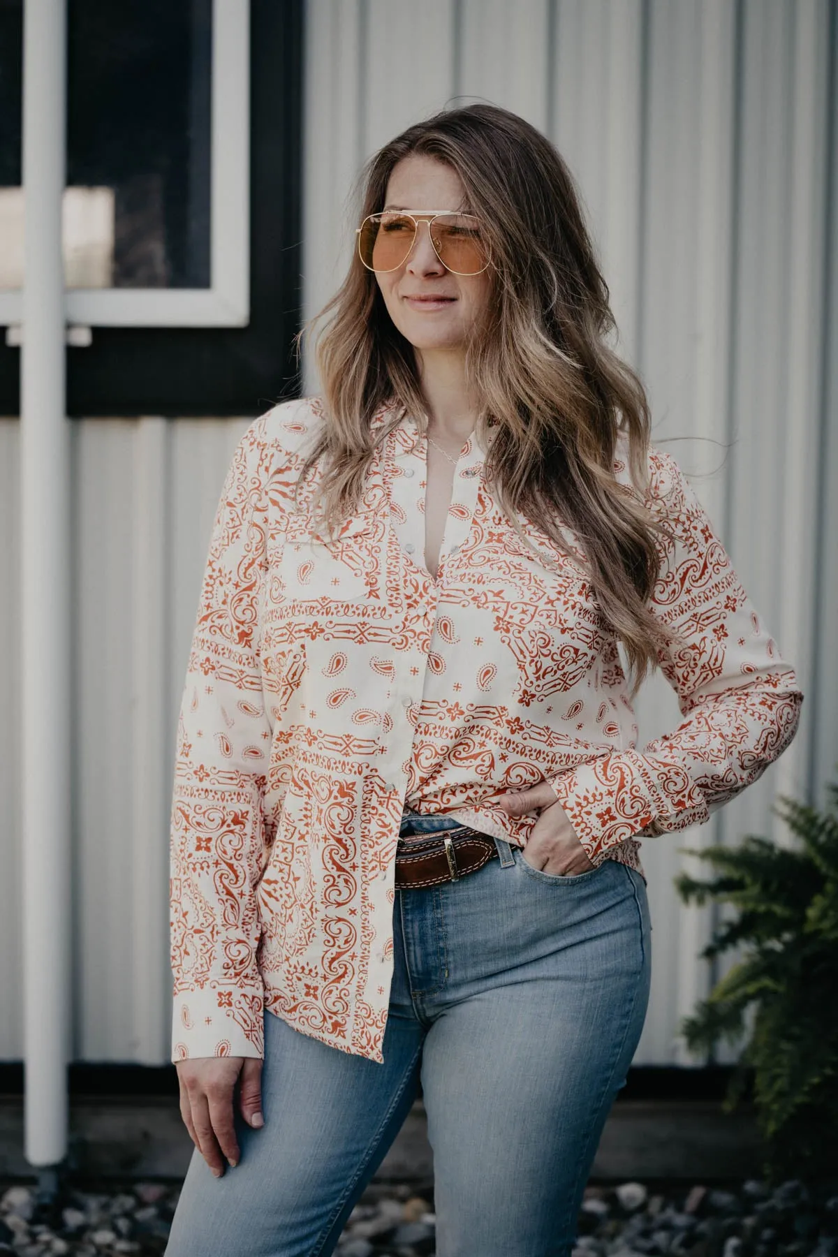 'Alamo' Ivory & Rust Bandanna Print Woven Long Sleeve Shirt (XL only)