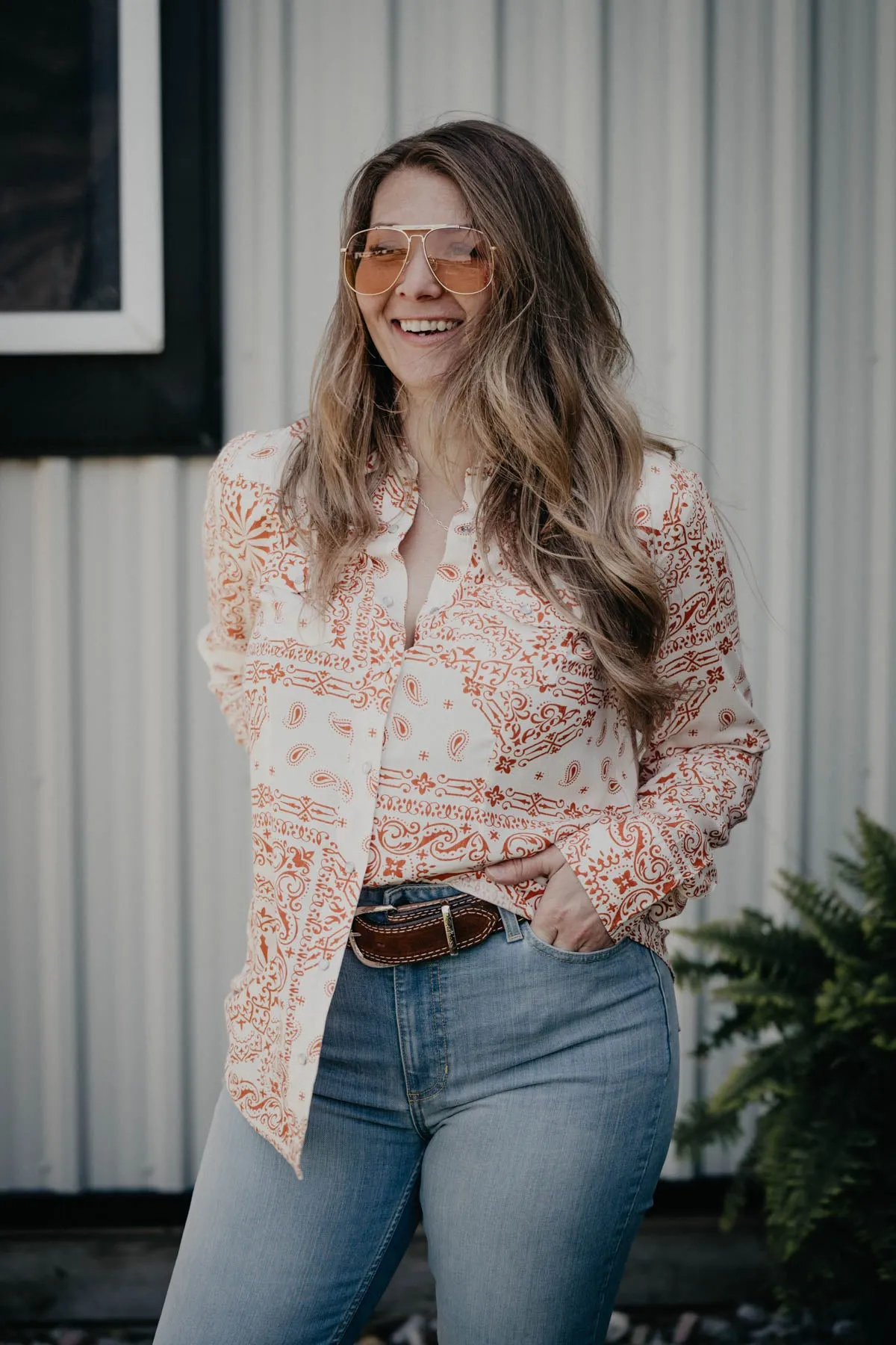 'Alamo' Ivory & Rust Bandanna Print Woven Long Sleeve Shirt (XL only)