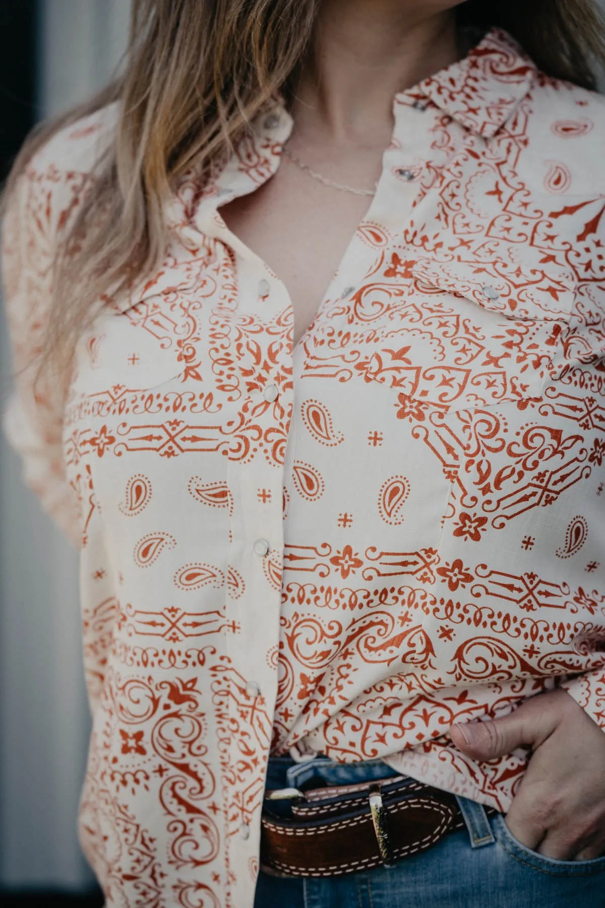 'Alamo' Ivory & Rust Bandanna Print Woven Long Sleeve Shirt (XL only)