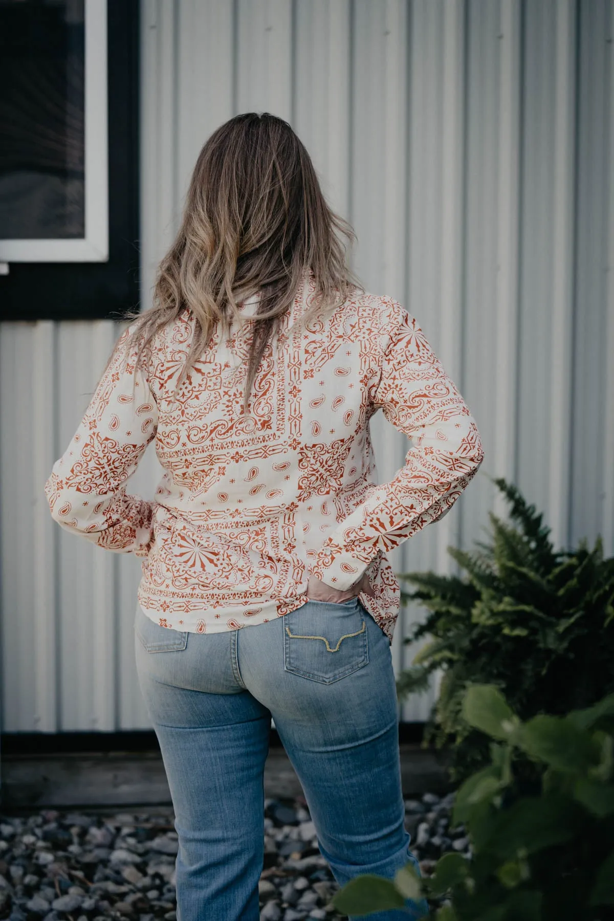 'Alamo' Ivory & Rust Bandanna Print Woven Long Sleeve Shirt (XL only)