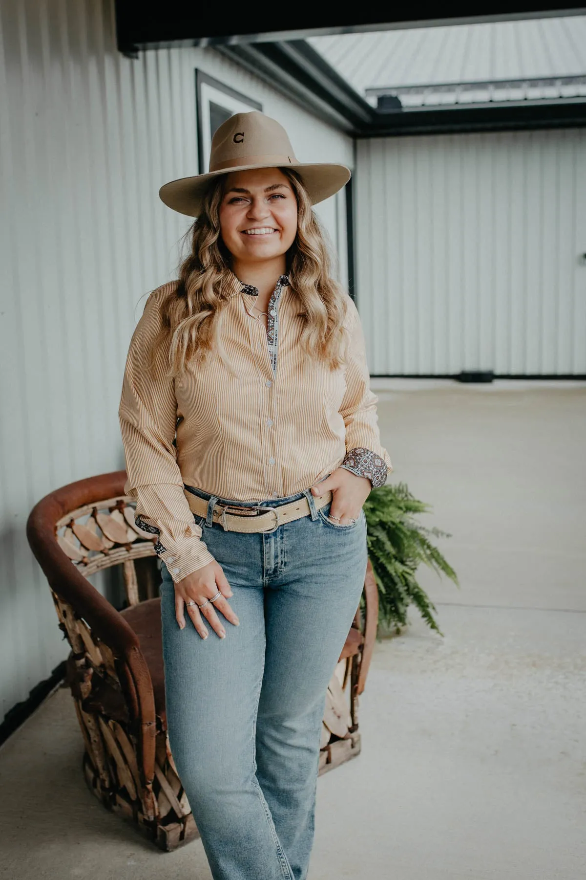 ‘Alexa’ CINCH Women's Gold Pinstripe Button Up Shirt (XXL Only)