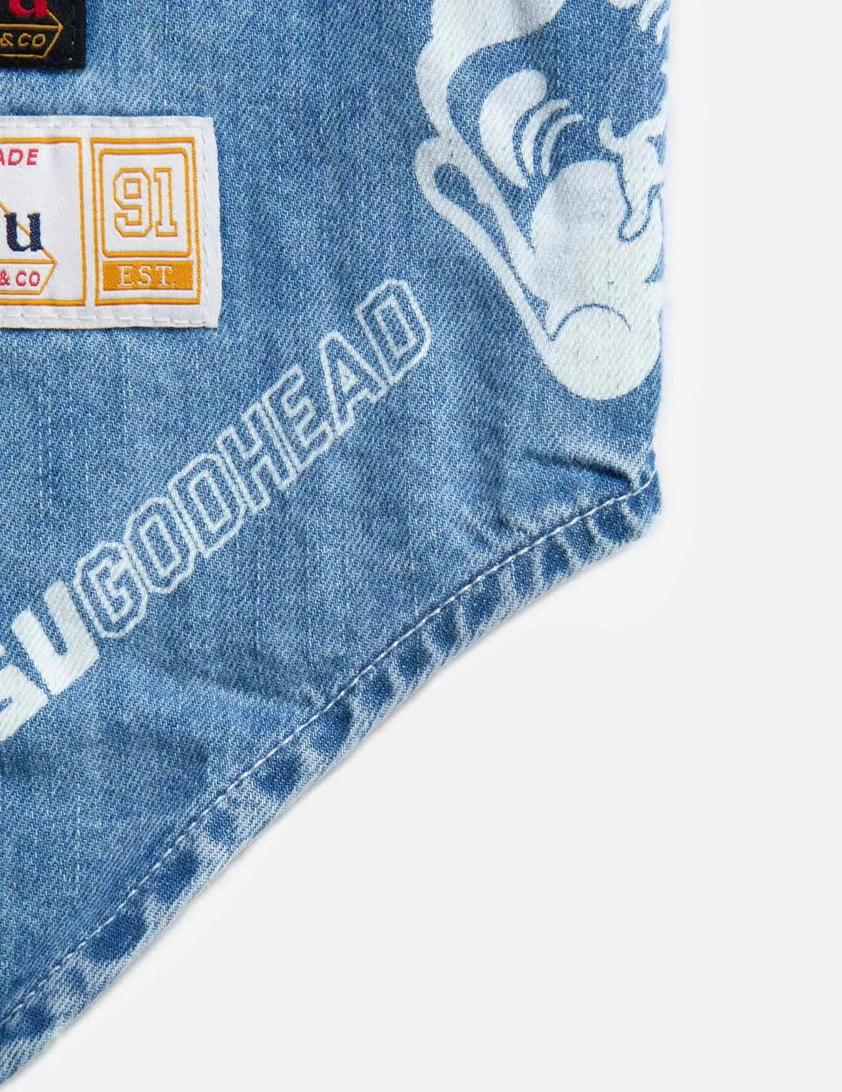 Allover Godhead and Logo Discharged  Print Denim Shirt