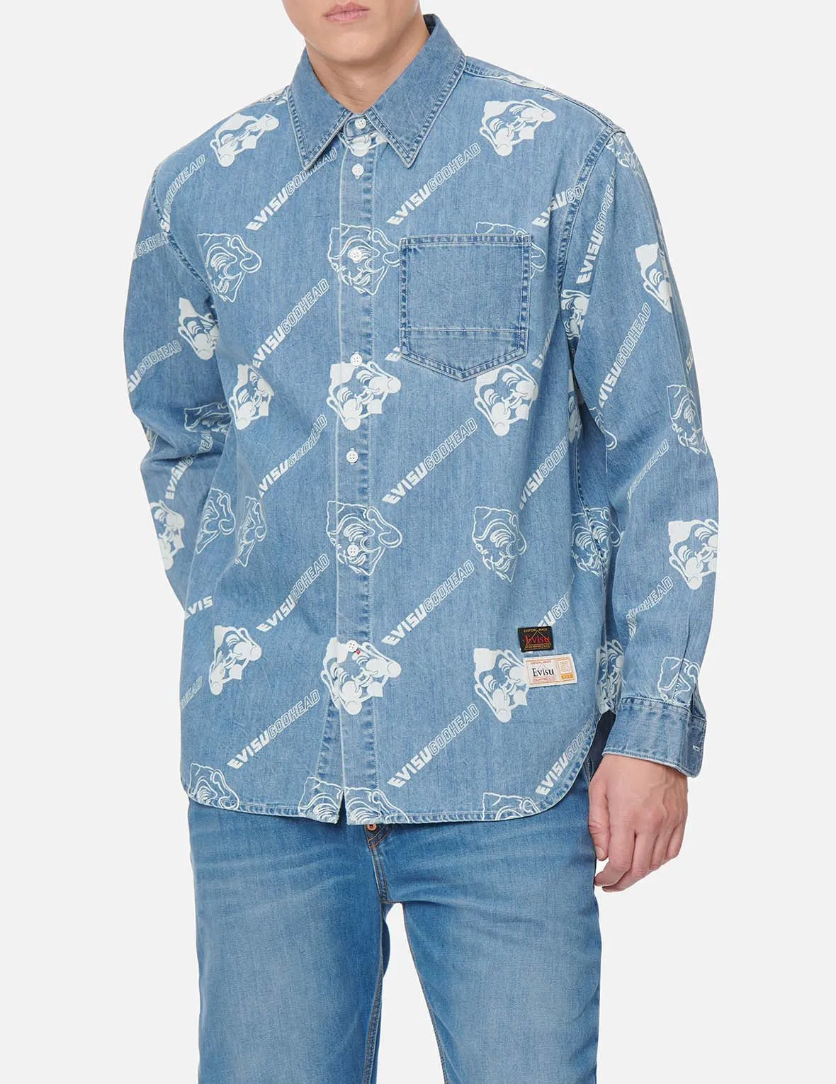 Allover Godhead and Logo Discharged  Print Denim Shirt