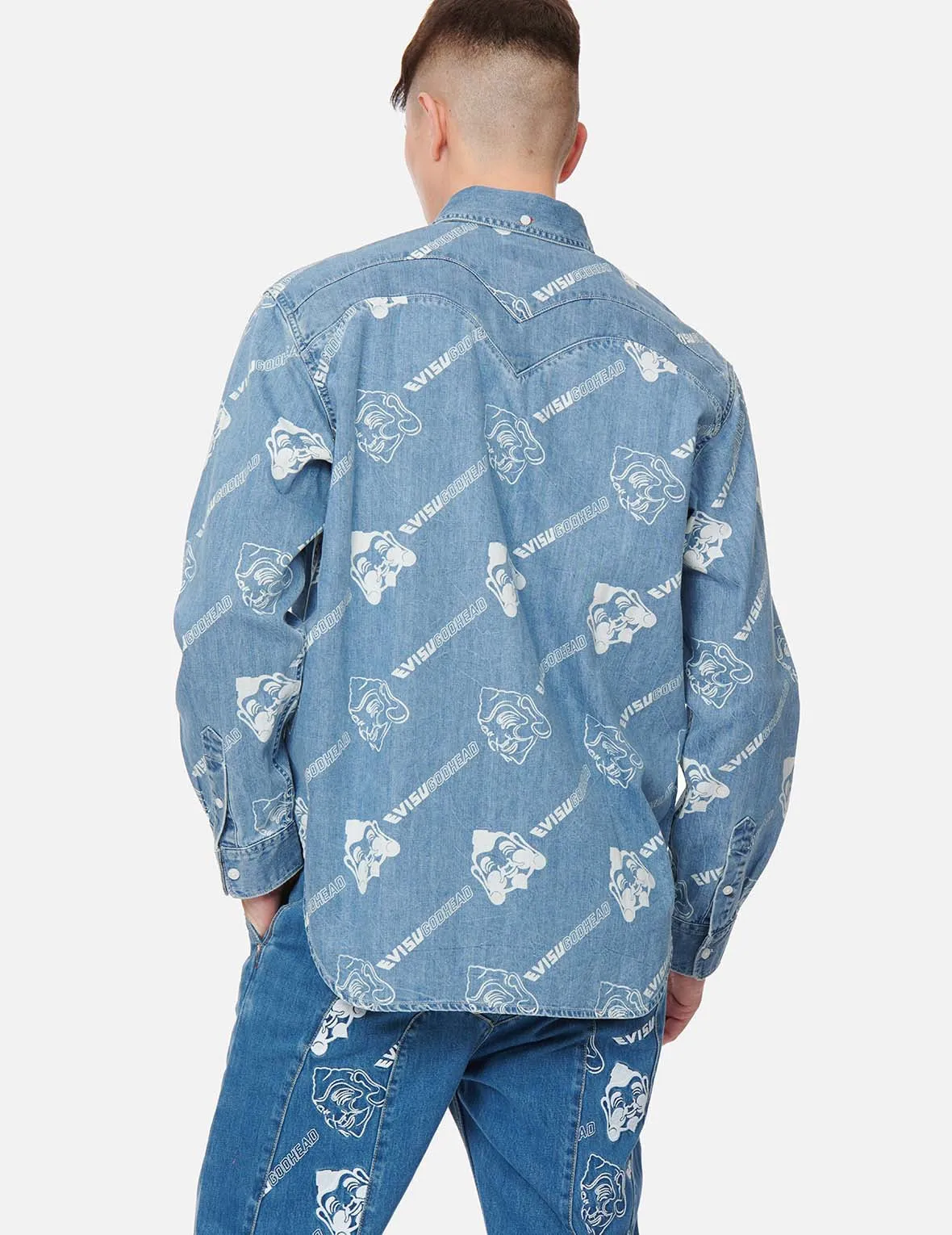 Allover Godhead and Logo Discharged  Print Denim Shirt