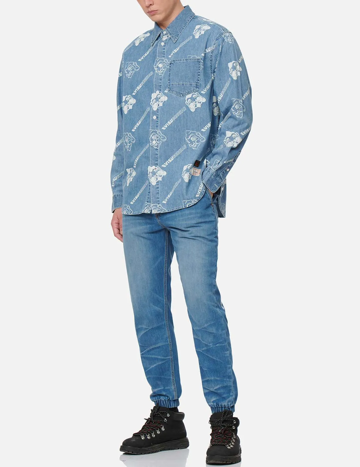 Allover Godhead and Logo Discharged  Print Denim Shirt