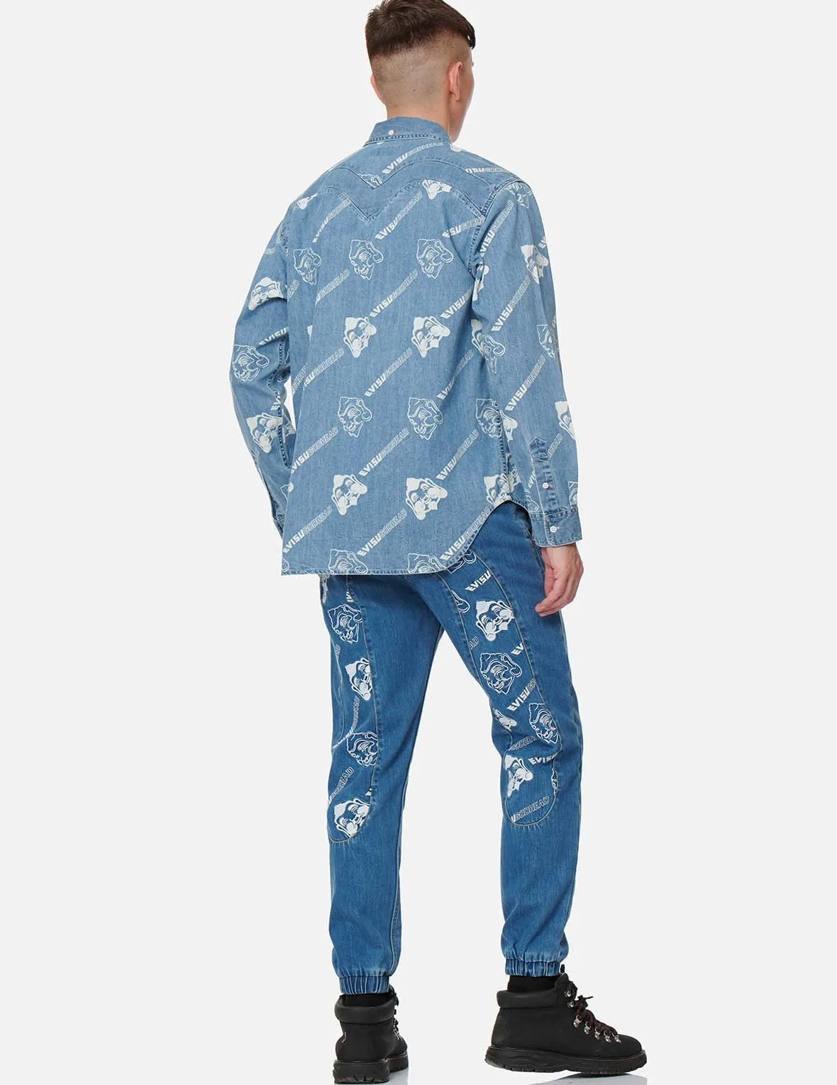 Allover Godhead and Logo Discharged  Print Denim Shirt