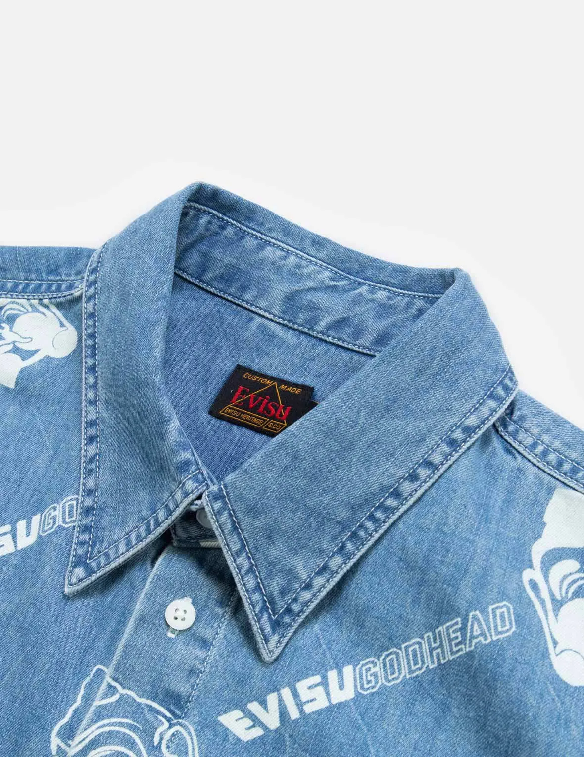 Allover Godhead and Logo Discharged  Print Denim Shirt