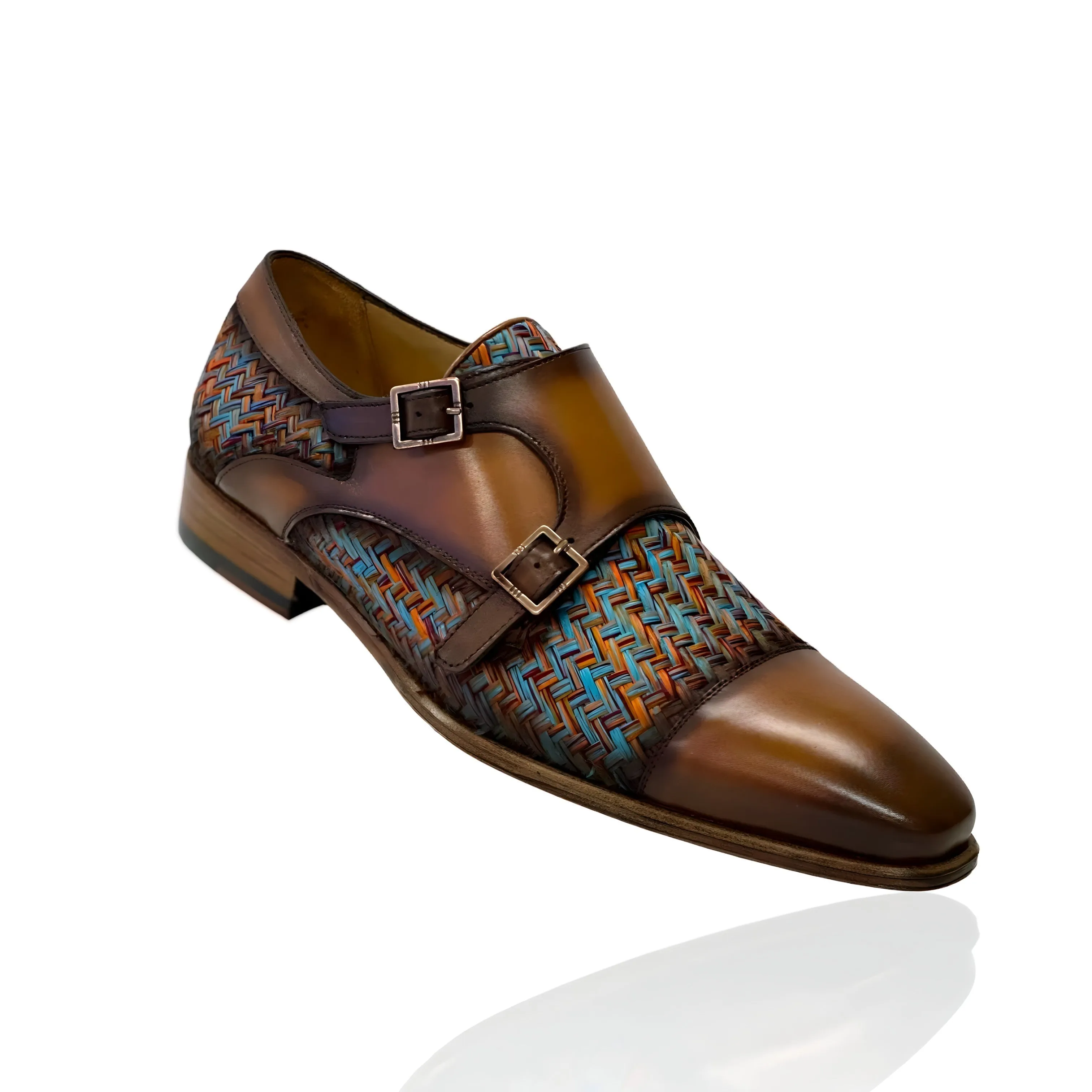 Ambrogio Men's Shoes Multi-Color Fabric / Calf-Skin Leather Dress/ Formal Double Monk-Straps Loafers (AMZ1009)